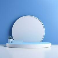 Minimalistic blue podium, stage, product display pedestal, empty, glossy, round photo