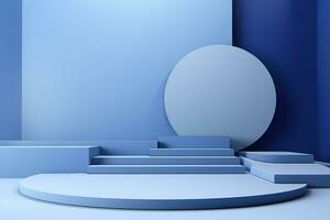 Minimalistic blue podium, stage, product display pedestal, empty, glossy, round photo