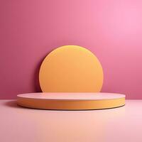 Stage, podium, empty pedestal for displaying objects and advertising goods, yellow, pink, glossy photo