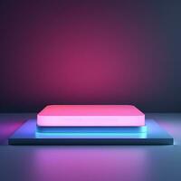 Square neon glowing podium, stage, pedestal. Empty flat advertising platform photo