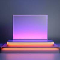 Square neon glowing podium, stage, pedestal. Empty flat advertising platform photo