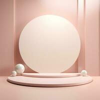 Empty minimalistic glossy scene with pearls. Pink, beige, neutral color podium for goods and items photo