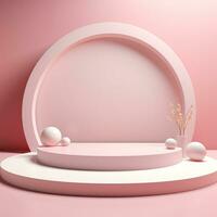 Empty minimalistic glossy scene with pearls. Pink, beige, neutral color podium for goods and items photo