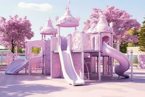 A modern children's playground in the form of a fairy-tale lilac castle. Children's entertainment concept. Generated by artificial intelligence photo