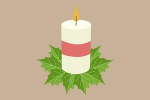 Christmas Candle with Holly leaves and Red ribbon. Burning warm candle. Vector illustration isolated on white. Holiday Xmas decoration, Design element for Postcard, Banner, Flyer, festive sticker