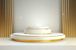 Minimalist white stage with golden decor for product display. Podium, pedestal, exhibition, empty space photo