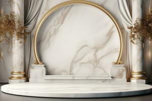Minimalist white marble stage for product display. Podium, pedestal, exhibition, empty space photo