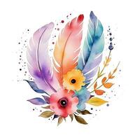 Rainbow art, bright composition of flowers and feathers. Single element, print, clipart, sublimation photo