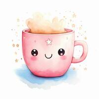 Cute watercolor mug in kawaii style with eyes. Children's illustration, single element, clipart, sublimation photo