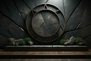 Empty stage for product. Podium, pedestal, place for product demonstration, platform. Minimalism, stones, black strict style photo