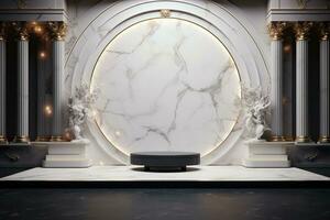 Minimalist white marble stage for product display. Podium, pedestal, exhibition, empty space photo