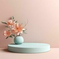 Empty round product stage with flowers. Podium, pedestal, place for product demonstration, platform. Minimal style, pastel colors photo