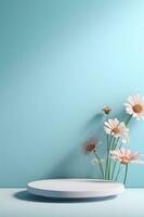 Empty round stage for product. Podium, pedestal, place for product demonstration, platform. Minimalism, voluminous flowers, blue pastel color photo