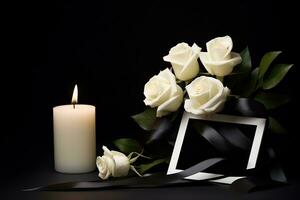 White roses with ribbon and photo frame on black background.Funeral Concept AI generated