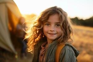 Portrait of cute little girl at camera while standing near camping tent at sunset AI generated photo