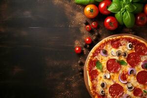 Pepperoni pizza on a Dark background. Top view with copy space. AI generated photo