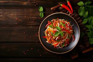 Thai food Som tum, Spicy green papaya salad.Top view AI generated photo