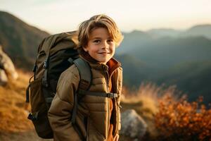 Adorable little boy with backpack hiking in mountains at sunset. Travel and active lifestyle concept AI generated photo