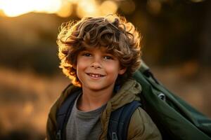 retrato de un linda chico mirando a cámara mientras cerca su tienda en naturaleza ai generado foto