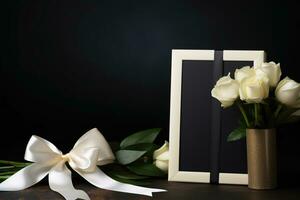 blanco rosas con cinta y foto marco en negro fondo.funeral concepto ai generado