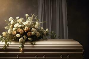 White coffin with flowers. The concept of funeral. AI generated photo