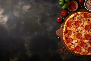 Pepperoni pizza on a Dark background. Top view with copy space. AI generated photo