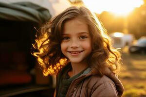 retrato de linda pequeño niña a cámara mientras en pie cerca cámping tienda a puesta de sol ai generado foto