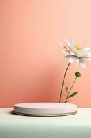 Empty round product stage with flowers. Podium, pedestal, place for product demonstration, platform. Minimal style, pastel colors photo