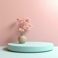 Empty round product stage with flowers. Podium, pedestal, place for product demonstration, platform. Minimal style, pastel colors photo