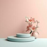 Empty round product stage with flowers. Podium, pedestal, place for product demonstration, platform. Minimal style, pastel colors photo