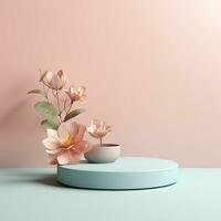 Empty round product stage with flowers. Podium, pedestal, place for product demonstration, platform. Minimal style, pastel colors photo