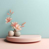 Empty round product stage with flowers. Podium, pedestal, place for product demonstration, platform. Minimal style, pastel colors photo
