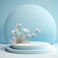 Empty round stage for product. Podium, pedestal, place for product demonstration, platform. Minimalism, voluminous flowers, blue pastel color photo