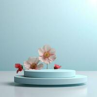 Empty round stage for product. Podium, pedestal, place for product demonstration, platform. Minimalism, voluminous flowers, blue pastel color photo