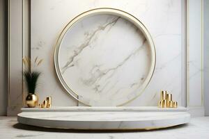 Minimalist white marble stage for product display. Podium, pedestal, exhibition, empty space photo