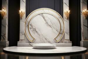 Minimalist white marble stage for product display. Podium, pedestal, exhibition, empty space photo