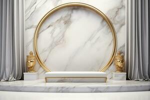 Minimalist white marble stage for product display. Podium, pedestal, exhibition, empty space photo
