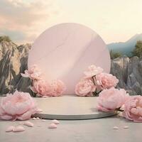 Pink stone podium with peonies for product display. Scene for cosmetics, books, equipment, things photo