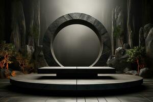 Empty stage for product. Podium, pedestal, place for product demonstration, platform. Minimalism, stones, black strict style photo