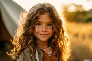 retrato de linda pequeño niña a cámara mientras en pie cerca cámping tienda a puesta de sol ai generado foto