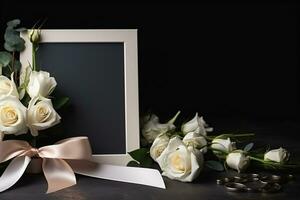 White roses with ribbon and photo frame on black background.Funeral Concept AI generated