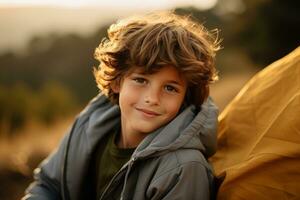 Portrait of a cute boy looking at camera while near his tent in nature AI generated photo