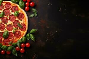 Pepperoni pizza on a Dark background. Top view with copy space. AI generated photo