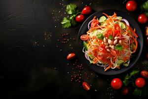 Thai food Som tum, Spicy green papaya salad.Top view AI generated photo