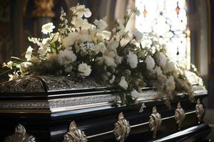 closeup shot of a casket in a hearse or chapel before funeral or burial at cemetery AI generated photo