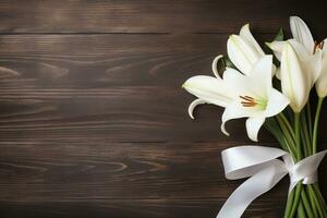 White lily flowers on wooden background. Top view with copy space.Funeral Concept AI generated photo