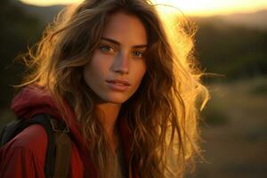 Portrait of girl looking at camera while near camping tent at sunset AI generated photo