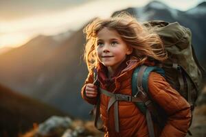 pequeño niña con mochila excursionismo en montaña pico a atardecer, viaje y aventuras concepto ai generado foto