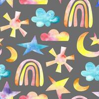 Watercolor children's rainbow print. Colorful seamless pattern of celestial elements. Rainbows, sun, stars, clouds photo