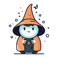 Cute little boy in a witch costume playing video games. Vector illustration.